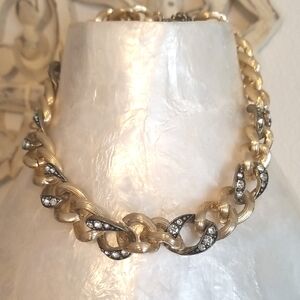 Gold-tone Ribbed Textured chain Link necklace with rhinestone accents